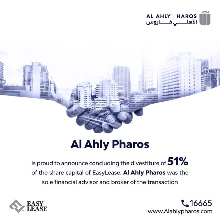 Al Ahly Pharos successfully concluded the divestiture of a 51% stake in EasyLease to Al Ahly Capital. Al Ahly Pharos Al Ahly Pharos was the sole financial advisor and transaction broker, while Adsero was the sell-side legal advisor.